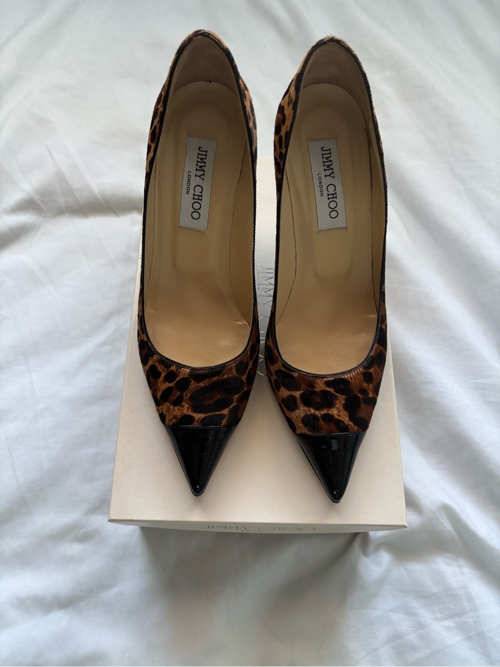 Jimmy Choo Leopard-Print Pointed Toe Pumps with Black Patent Cap